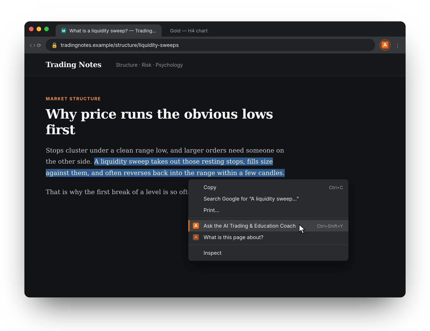 A highlighted passage about liquidity sweeps, with the right-click menu open on Ask the AI Trading & Education Coach